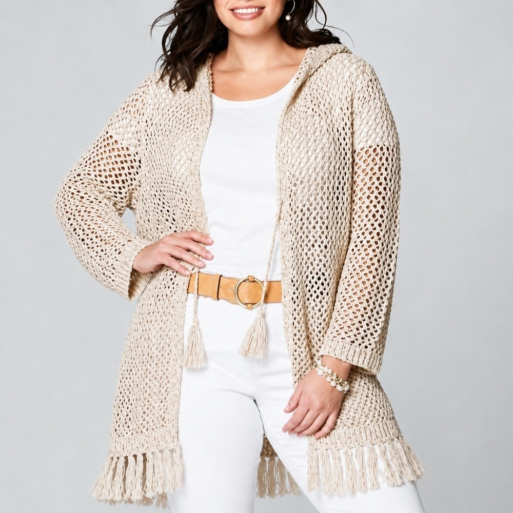 J. JIll Beige Open Knit Hooded Tassel Tie Fringe Sweater Cardigan Large PETITE